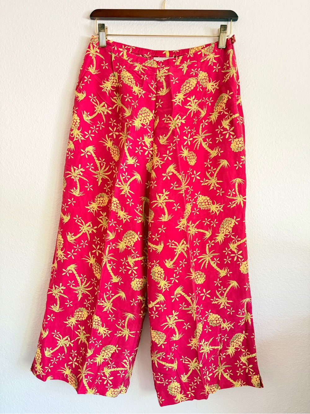 Field Manor 100%Silk Vintage pineaple print cropped Pants, wide leg, sz 8 (Small